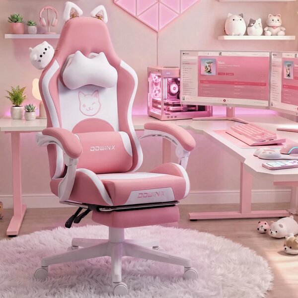 DOWINX Scaun gaming, ergonomic, suport lombar cu masaj, rabatabil 90°-140°, Suport picioare, material respirabil, Roz