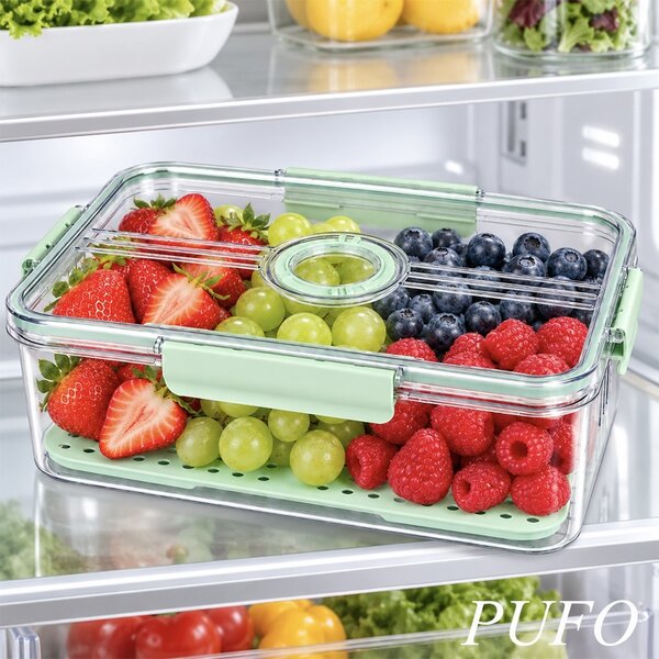 Organizator frigider Pufo cu baza perforata si capac cu glisor, 32.5 x 22.5 x 11 cm – cutie pentru depozitarea fructelor, legumelor si alimentelor, verde