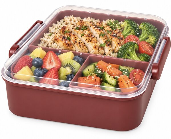 Cutie de pranz compartimentata, set 4 piese cu 5 compartimente si recipient pentru sos, 21.5 x 18.5 x 7.5 cm – caserola alimentara lunch box pentru scoala, birou, serviciu si calatorii, visiniu