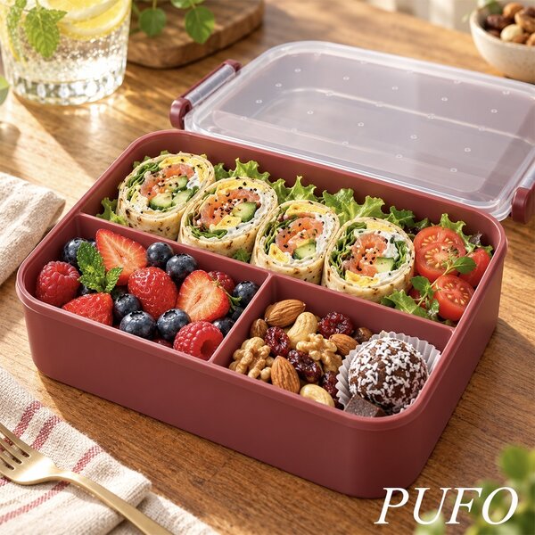 Cutie de pranz compartimentata, set 4 piese cu 5 compartimente si recipient pentru sos, 21.5 x 18.5 x 7.5 cm – caserola alimentara lunch box pentru scoala, birou, serviciu si calatorii, visiniu