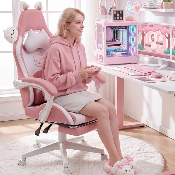 DOWINX Scaun gaming, ergonomic, suport lombar cu masaj, rabatabil 90°-140°, Suport picioare, material respirabil, Roz