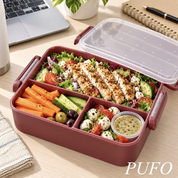 Cutie de pranz compartimentata, set 4 piese cu 5 compartimente si recipient pentru sos, 21.5 x 18.5 x 7.5 cm – caserola alimentara lunch box pentru scoala, birou, serviciu si calatorii, visiniu