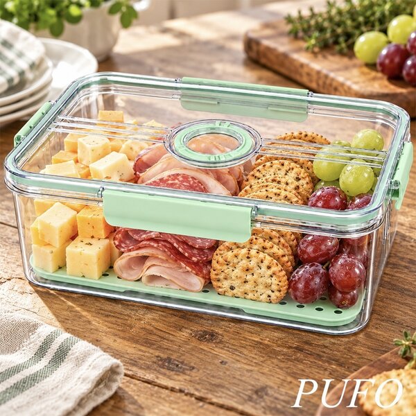Organizator frigider Pufo cu baza perforata si capac cu glisor, 32.5 x 22.5 x 11 cm – cutie pentru depozitarea fructelor, legumelor si alimentelor, verde