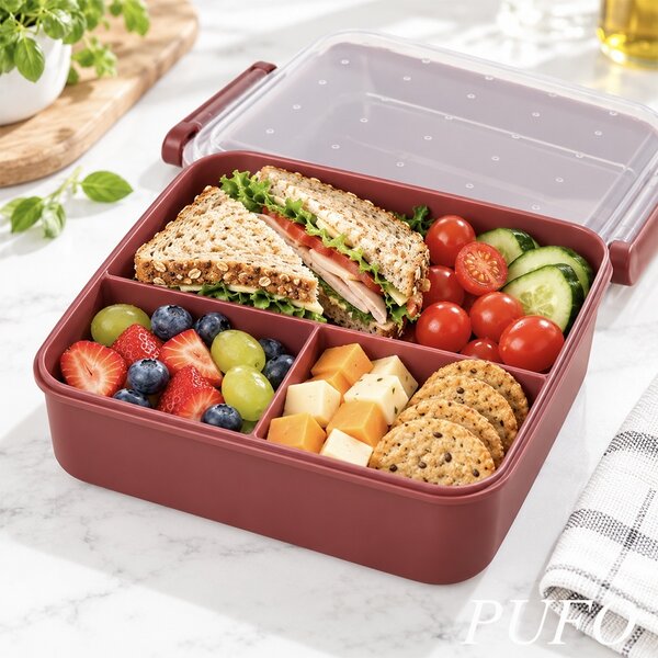 Cutie de pranz compartimentata, set 4 piese cu 5 compartimente si recipient pentru sos, 21.5 x 18.5 x 7.5 cm – caserola alimentara lunch box pentru scoala, birou, serviciu si calatorii, visiniu