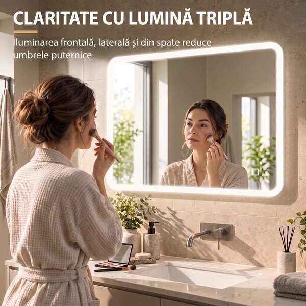 HOMCOM Oglindă de Baie cu LED 60x80 cm, 3 Culori de Lumină, Intensitate Reglabilă, Antiaburire, Comandă Tactilă, Memorie | Aosom Romania