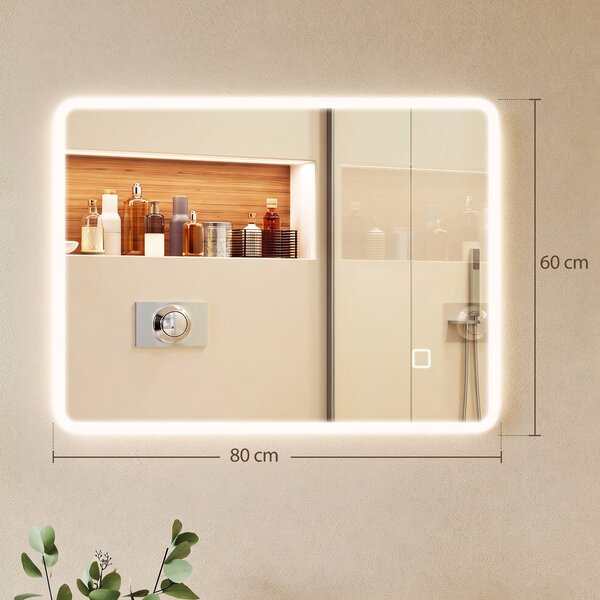 HOMCOM Oglindă de Baie cu LED 60x80 cm, 3 Culori de Lumină, Intensitate Reglabilă, Antiaburire, Comandă Tactilă, Memorie | Aosom Romania