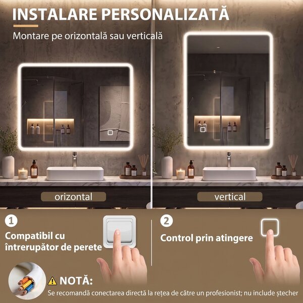HOMCOM Oglindă de Baie cu LED 60x80 cm, 3 Culori de Lumină, Intensitate Reglabilă, Antiaburire, Comandă Tactilă, Memorie | Aosom Romania