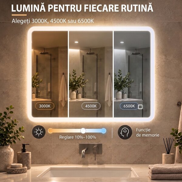 HOMCOM Oglindă de Baie cu LED 60x80 cm, 3 Culori de Lumină, Intensitate Reglabilă, Antiaburire, Comandă Tactilă, Memorie | Aosom Romania