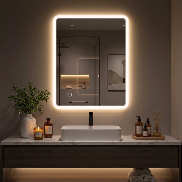 HOMCOM Oglindă de Baie cu LED 60x80 cm, 3 Culori de Lumină, Intensitate Reglabilă, Antiaburire, Comandă Tactilă, Memorie | Aosom Romania