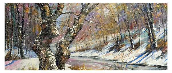 Tablou cu peisaj de iarnă pictat (120x50 cm)