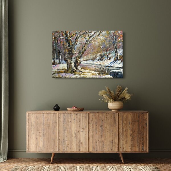 Tablou cu peisaj de iarnă pictat (90x60 cm)