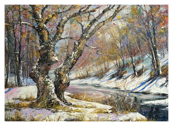 Tablou cu peisaj de iarnă pictat (70x50 cm)