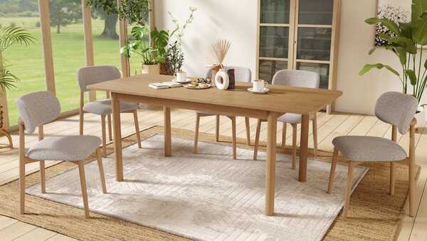MAZZONI EXPORT ALMO Bej Latte (material Monza 60)/cadru stejar lăcuit - SCAUN DIN LEMN BOUCLÉ PENTRU SALON SUFRAGERIE BUCĂTĂRIE RETRO