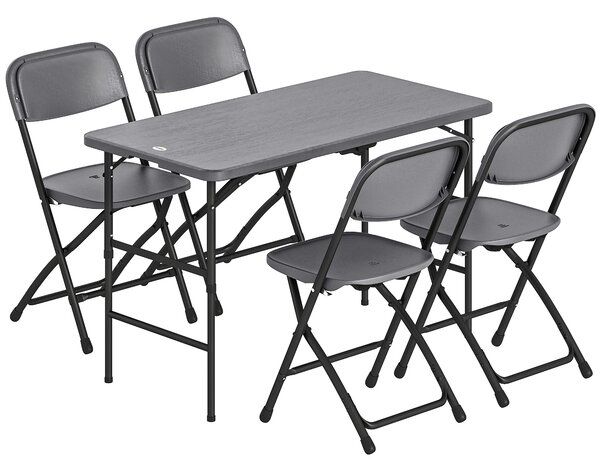Outsunny Set Masă și Scaune Pliabile de Grădină, 5 Piese, Masă Reglabilă cu Blat HDPE Efect Lemn și 4 Scaune, Set Mobilier Exterior pentru Terasă și Balcon, Gri Închis | Aosom Romania