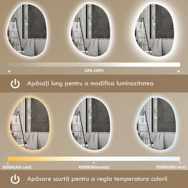 HOMCOM Oglindă de Baie LED cu Comutator Tactil Inteligent și Intensitate Reglabilă, 80x5x60 cm, Argintiu | Aosom Romania