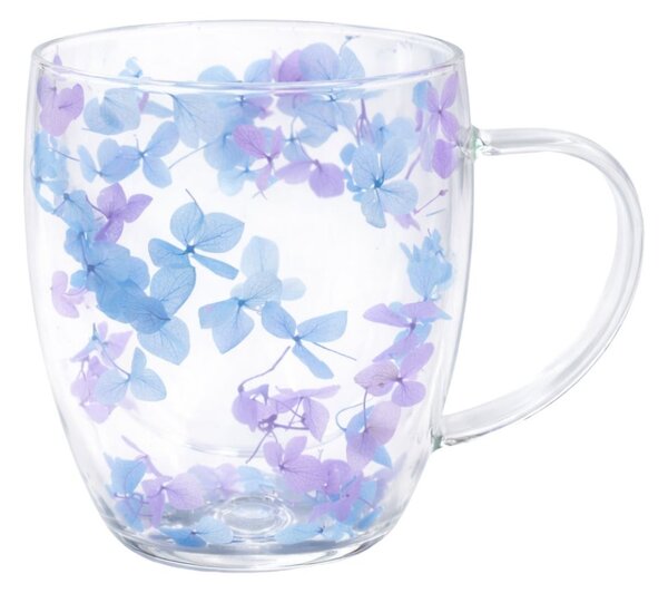 Cană cu inserție de flori uscate mov și albastru, hortensie, pereți dubli, sticlă borosilicată, 350 ml, Aurora Bloom
