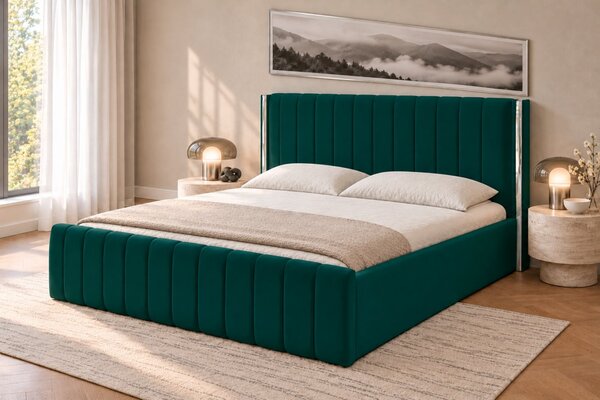 Pat tapițat din catifea Aurelia 120×200 cm, verde, detalii argintii, cu ladă de depozitare