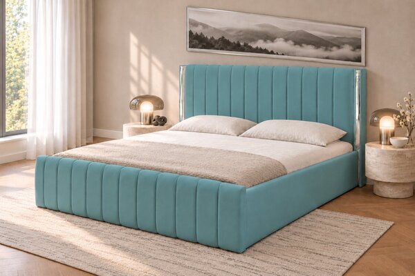 Pat tapițat din catifea Aurelia 120×200 cm, verde marin, detalii argintii, cu ladă de depozitare