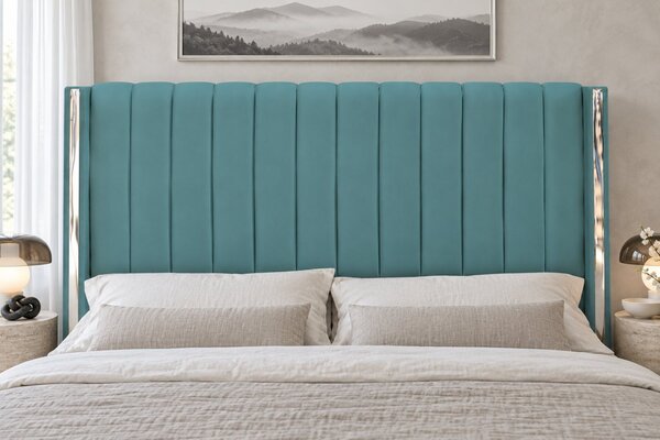 Pat tapițat din catifea Aurelia 120×200 cm, verde marin, detalii argintii, cu ladă de depozitare