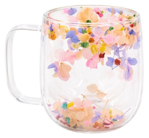 Cană cu inserție de flori uscate, hortensie culori pastel, pereți dubli, sticlă borosilicată, 250 ml, Aurora Bloom
