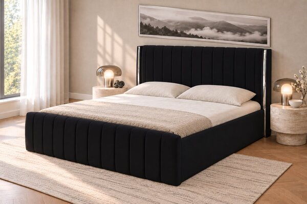 Pat tapițat din catifea Aurelia 120×200 cm, negru, detalii argintii, cu ladă de depozitare