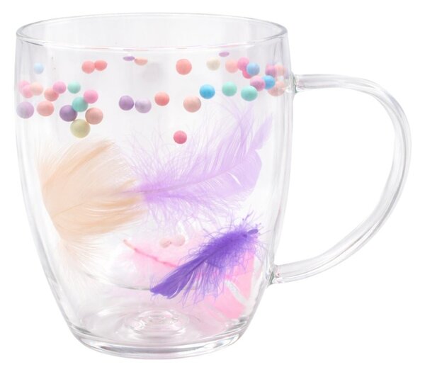 Cană cu inserție de pene și bilute colorate pastel, pereți dubli, sticlă borosilicată, 350 ml, Aurora Bloom
