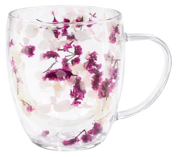 Cană cu inserție de flori uscate roz, hortensie si limonium, pereți dubli, sticlă borosilicată, 350 ml, Aurora Bloom