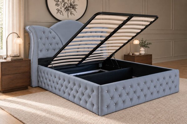 Pat tapițat Chesterfield din catifea Velora Deluxe 140×200 cm, gri deschis, cu ladă de depozitare