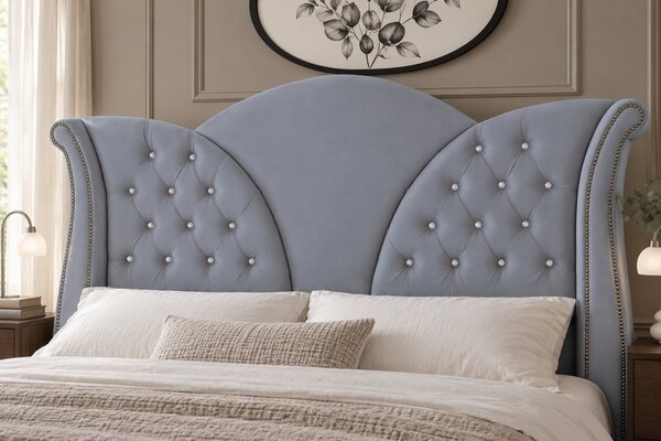 Pat tapițat Chesterfield din catifea Velora Deluxe 140×200 cm, gri deschis, cu ladă de depozitare