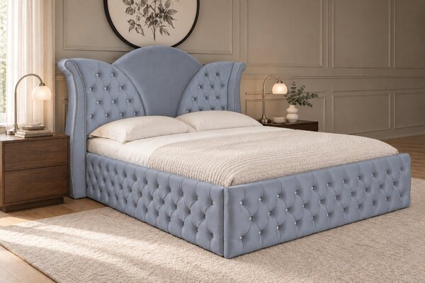 Pat tapițat Chesterfield din catifea Velora Deluxe 140×200 cm, gri deschis, cu ladă de depozitare