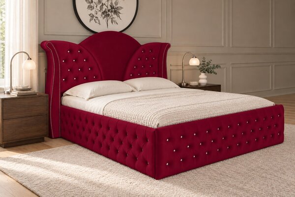 Pat tapițat Chesterfield din catifea Velora Deluxe 140×200 cm, vișiniu, cu ladă de depozitare