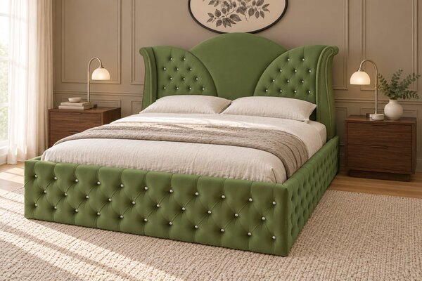 Pat tapițat Chesterfield din catifea Velora Deluxe 140×200 cm, kaki, cu ladă de depozitare