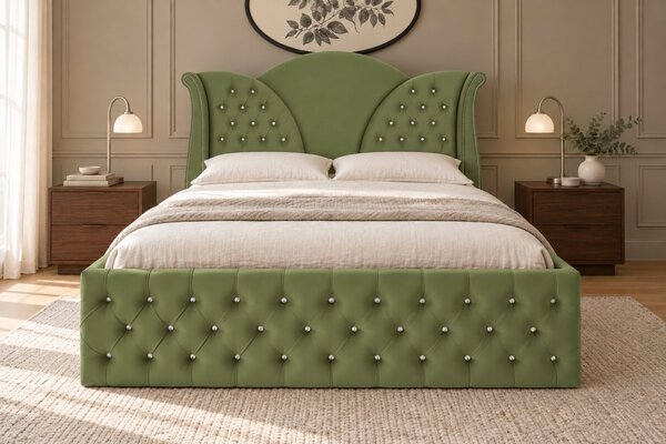Pat tapițat Chesterfield din catifea Velora Deluxe 140×200 cm, kaki, cu ladă de depozitare