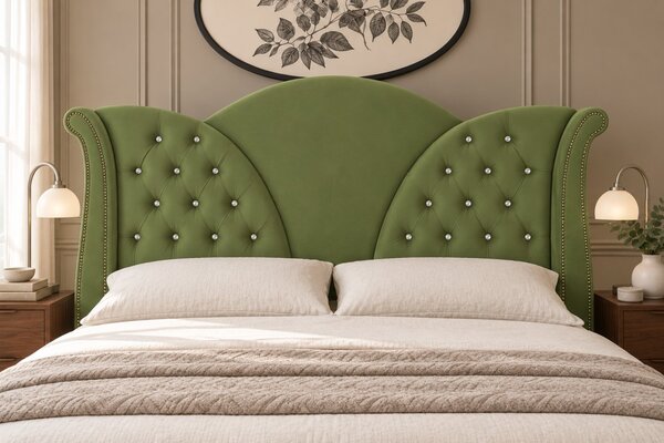 Pat tapițat Chesterfield din catifea Velora Deluxe 140×200 cm, kaki, cu ladă de depozitare
