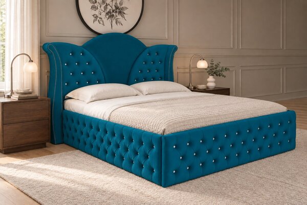 Pat tapițat Chesterfield din catifea Velora Deluxe 140×200 cm, turcoaz, cu ladă de depozitare