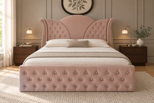 Pat tapițat Chesterfield din catifea Velora Deluxe 140×200 cm, cappuccino, cu ladă de depozitare