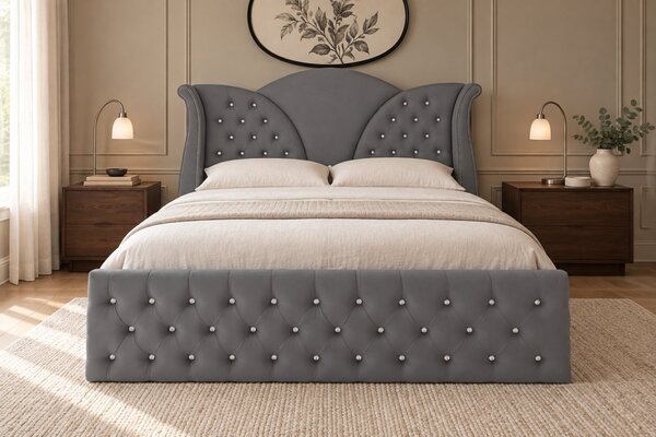 Pat tapițat Chesterfield din catifea Velora Deluxe 140×200 cm, gri închis, cu ladă de depozitare