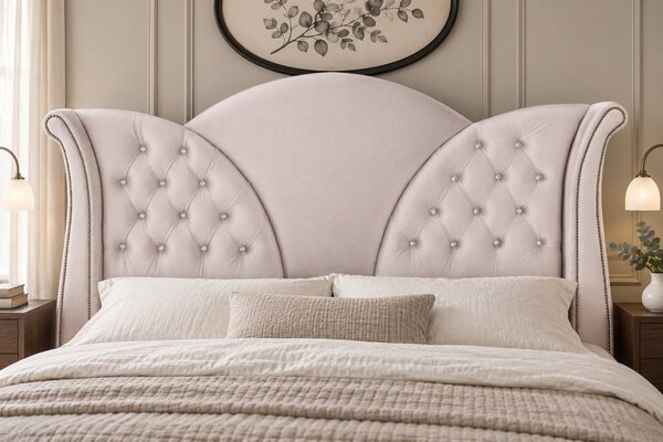 Pat tapițat Chesterfield din catifea Velora Deluxe 140×200 cm, crem, cu ladă de depozitare