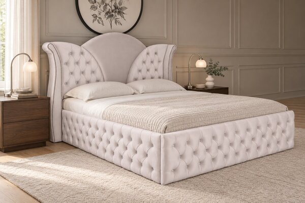 Pat tapițat Chesterfield din catifea Velora Deluxe 140×200 cm, crem, cu ladă de depozitare