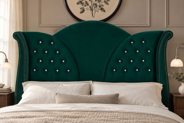 Pat tapițat Chesterfield din catifea Velora Deluxe 140×200 cm, verde, cu ladă de depozitare