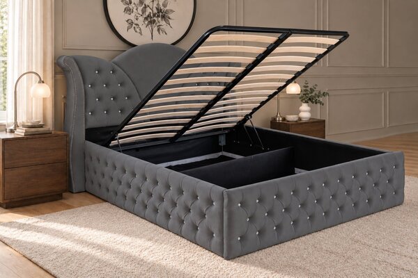 Pat tapițat Chesterfield din catifea Velora Deluxe 140×200 cm, gri închis, cu ladă de depozitare