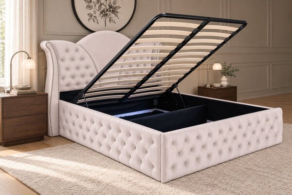 Pat tapițat Chesterfield din catifea Velora Deluxe 140×200 cm, crem, cu ladă de depozitare