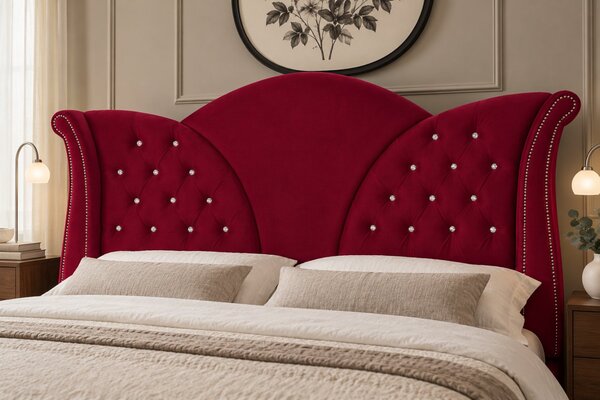 Pat tapițat Chesterfield din catifea Velora Deluxe 140×200 cm, vișiniu, cu ladă de depozitare