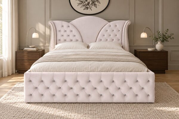 Pat tapițat Chesterfield din catifea Velora Deluxe 140×200 cm, crem, cu ladă de depozitare