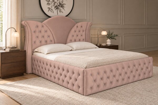 Pat tapițat Chesterfield din catifea Velora Deluxe 140×200 cm, cappuccino, cu ladă de depozitare