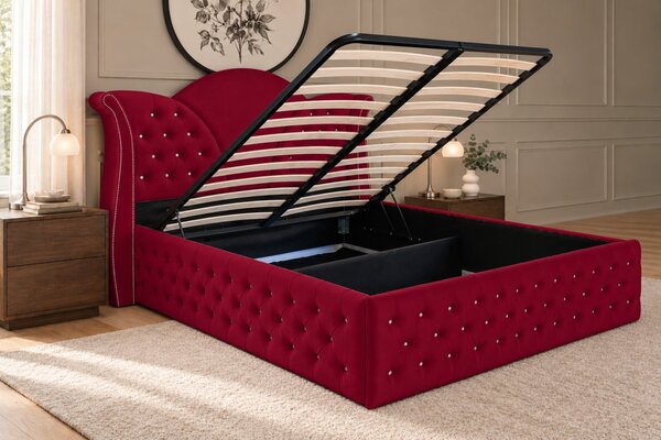 Pat tapițat Chesterfield din catifea Velora Deluxe 140×200 cm, vișiniu, cu ladă de depozitare