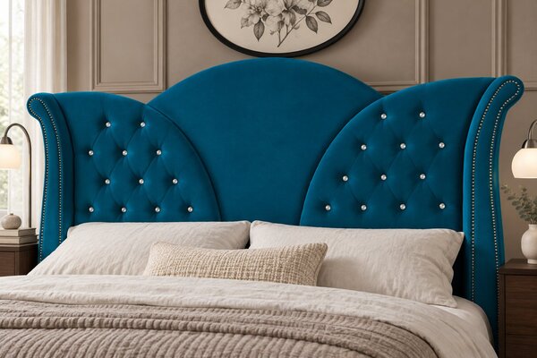 Pat tapițat Chesterfield din catifea Velora Deluxe 140×200 cm, turcoaz, cu ladă de depozitare