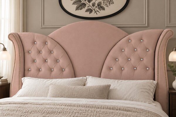Pat tapițat Chesterfield din catifea Velora Deluxe 140×200 cm, cappuccino, cu ladă de depozitare