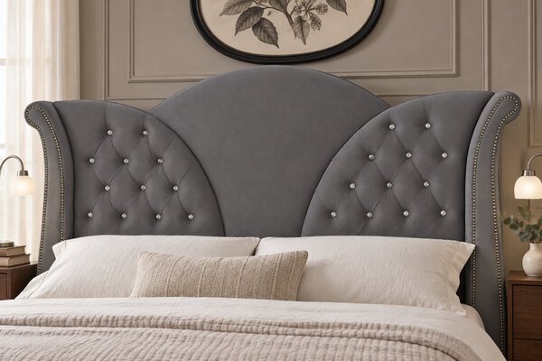 Pat tapițat Chesterfield din catifea Velora Deluxe 140×200 cm, gri închis, cu ladă de depozitare