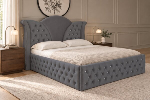 Pat tapițat Chesterfield din catifea Velora Deluxe 140×200 cm, gri închis, cu ladă de depozitare